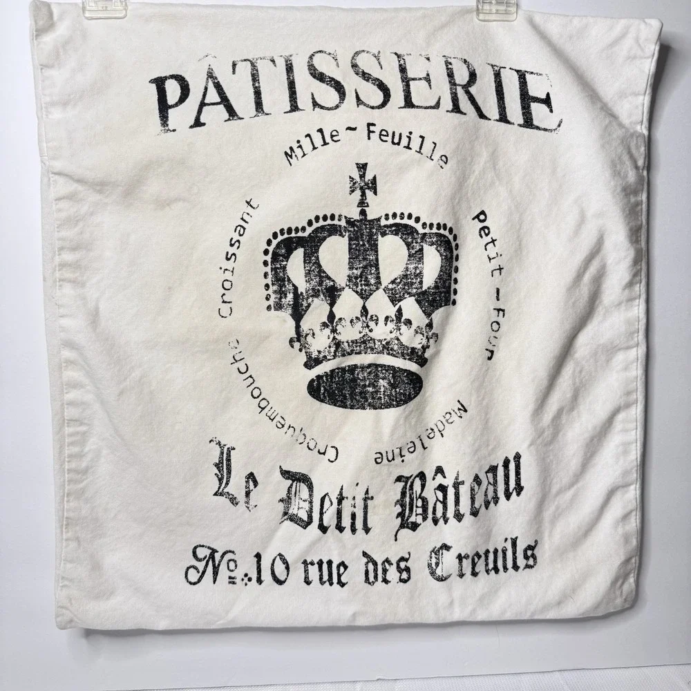 French Patisserie Pillow Cover 22 x 22  Inch Vintage Tan & Black  Cotton Linen